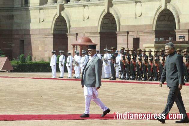 kp oli photos, nepal pm pictures, pm modi images, rashtrapati bhawan pics, oli ceremonial welcome photo, kp oli wife images, indian express