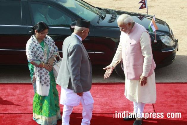 kp oli photos, nepal pm pictures, pm modi images, rashtrapati bhawan pics, oli ceremonial welcome photo, kp oli wife images, indian express