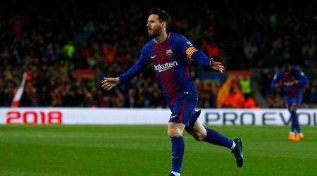 FC Barcelona's Lionel Messi celebrates after scoring during the Spanish La Liga soccer match between FC Barcelona and Leganes at the Camp Nou stadium in Barcelona, Spain, Saturday, April 7, 2018. (AP Photo/Manu Fernandez)