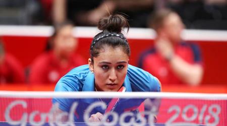 India's Manika Batra prepares to return serve while playing Charlotte Carey of Wales during their women's team match the 2018 Commonwealth Games at the Oxenford Studios on the Gold Coast, Australia, Thursday, April 5, 2018. (AP Photo/Rick Rycroft)