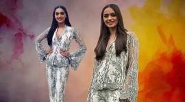 Manushi Chhillar, Manushi Chhillar latest photos, Manushi Chhillar fashion, Manushi Chhillar pantsuits, Manushi Chhillar printed pantsuits, Manushi Chhillar Gaurav Gupta, indian express, indian express news