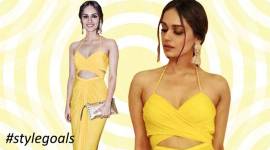 Manushi Chhillar, Manushi Chhillar latest photos, Manushi Chhillar fashion, Manushi Chhillar Shloka Khialani dress, Manushi Chhillar yellow gown, Manushi Chhillar contemporary outfits, indian express, indian express news