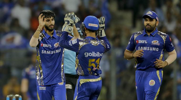 Mumbai Indians Mayank Markande celebrates the wicket of Sunrisers Hyderabad batsman Mohammad Nabi