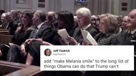 barack obama, melania trump, barbara bush funeral, donald trump, melania obama smiling photo, melania barack obama smiling pic, viral news, indian express, world news, trump obama photos