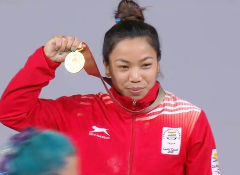 Mirabai Chanu with her gold medal at Gold Coast