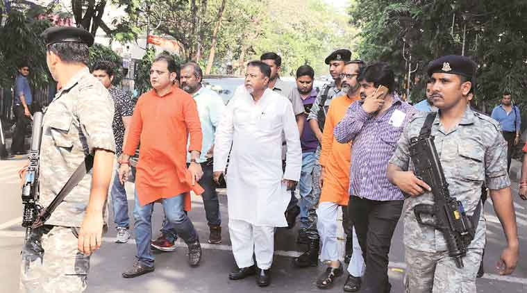 On Wednesday, BJP's Mukul Roy led a rally in front of the State Election Commission office in Kolkata. (Express Photo: Partha Paul)