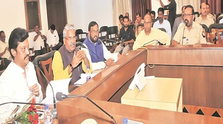 Adhalrao-Patil (second from left) with MPs Anil Shirole (left) and Amar Sable (third from left) at the meeting. (Express photo)