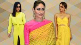 Yellow fashion, fashionable trendy colour of year, Priyanka Chopra fashion, Priyanka Chopra Indian fashion, Priyanka Chopra latest photos, Kareena Kapoor Khan, Kareena Kapoor Khan yellow sari, Kareena Kapoor Khan latest photos, Manushi Chhillar, Manushi Chhillar bold colours, Manushi Chhillar yellow gown, Manushi Chhillar latest photos, Esha Gupta, indian express, indian express news