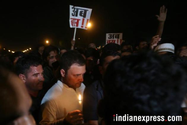 rahul gandhi photos, india gate protest images, candlelight vigil pictures, kathua gangrape, ashifa, congress midnight protest, priyanka gandhi images, unnao rape protest pics, indian express