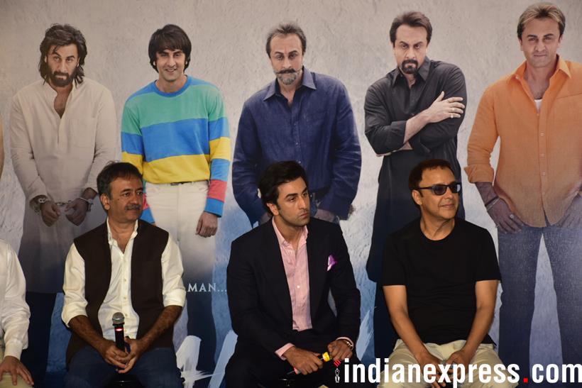 ranbir kapoor with director rajkumar hirani and producer vidhu vinod chopra at sanju teaser launch