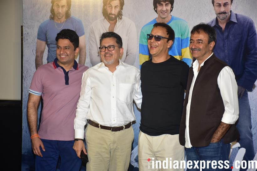 rajkumar hirani poses with vidhu vinod chopra at sanju teaser launch