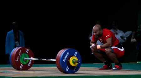 Sathish Kumar Sivalingam during the 77kg weightlifting event at CWG