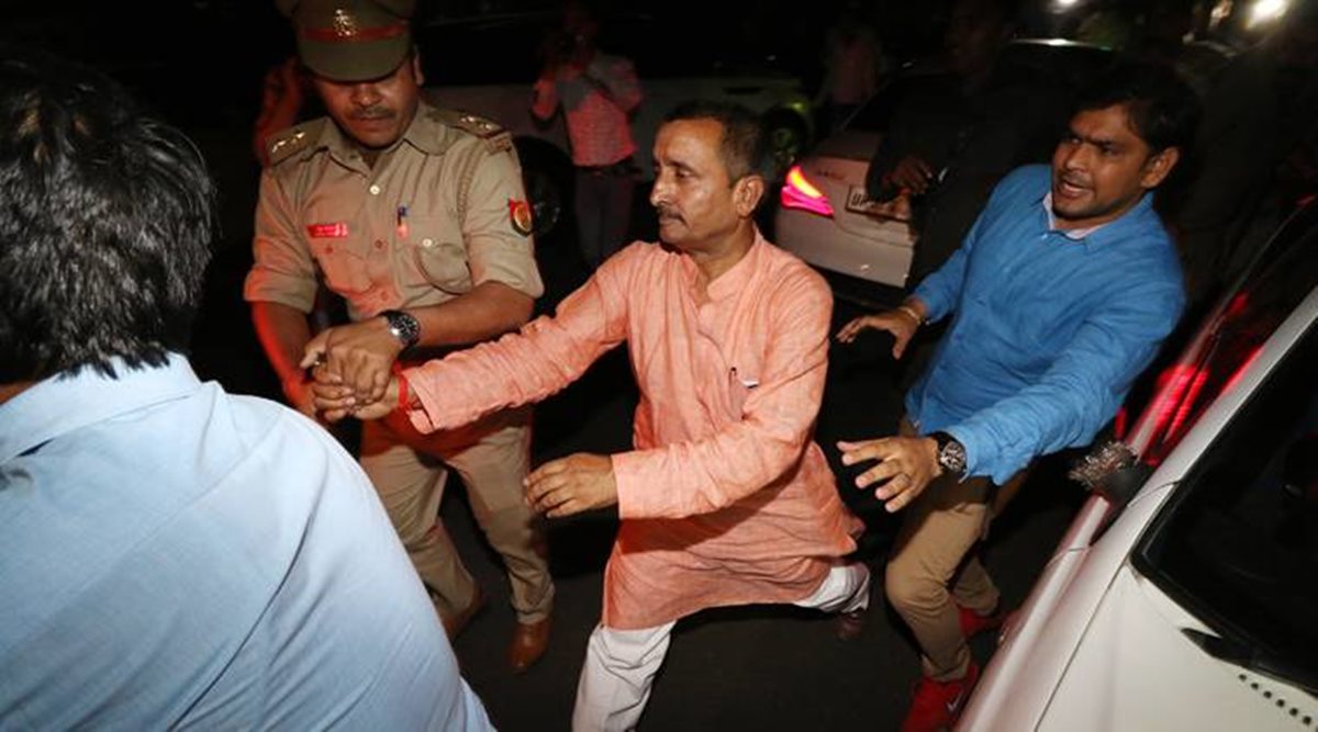 BJP MLA Kuldeep Singh Sengar along with his associates outside the SSP's office in Lucknow. (Express photo/Vishal Srivastav)