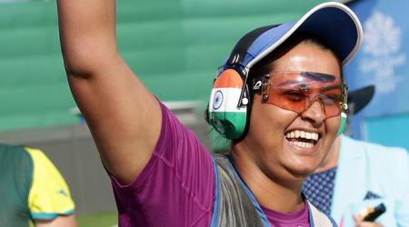 Shreyasi Singh of India reacts after winning the gold medal during the women's Double Trap final at the Belmont Shooting Centre during the 2018 Commonwealth Games in Brisbane, Australia, Wednesday, April 11, 2018. (AP Photo/Tertius Pickard)