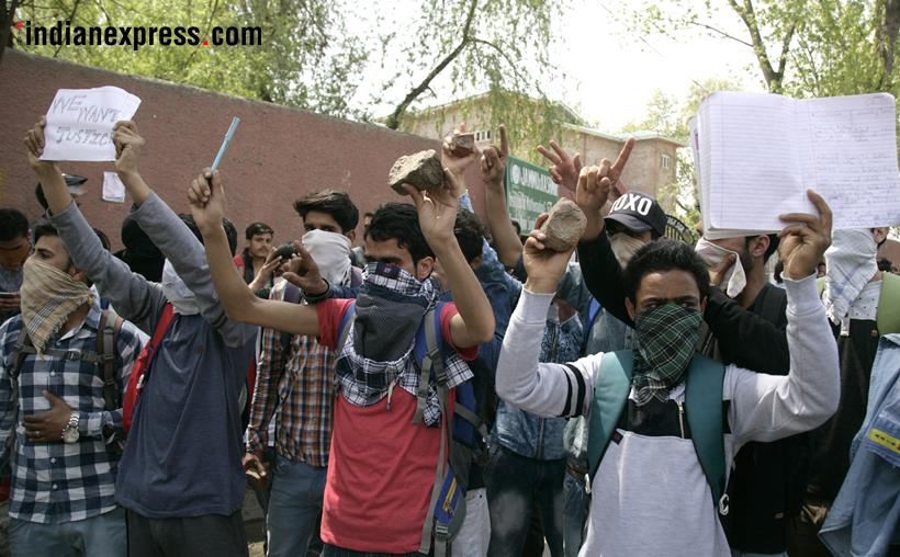 kashmir photos, srinagar protest images, stone pelting pictures, jammu kashmir images, j&k pics, kashmir encounter, anantnag, jk student protest, indian express