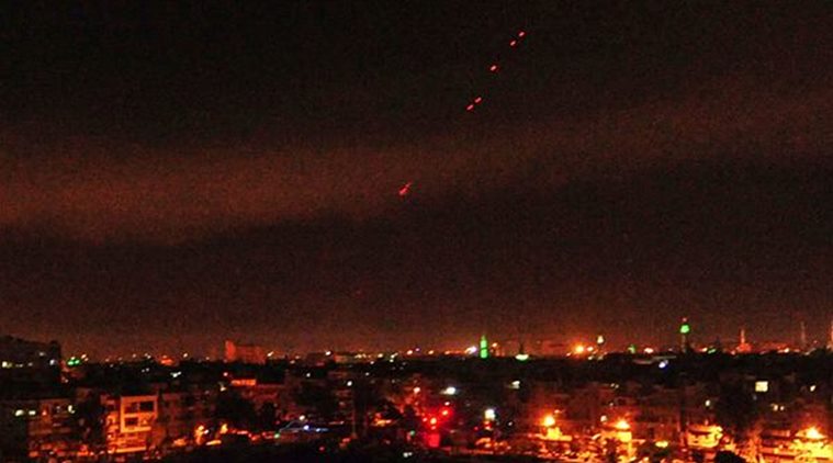 This photo released by the Syrian official news agency SANA, shows anti-aircraft fire in the sky after US-led airstrikes targeting different parts of the Syrian capital Damascus in retaliation for the country's alleged use of chemical weapons. (AP)