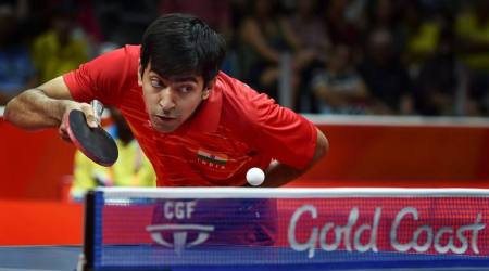 Gold Coast:  India's Harmeet Desai return a shot to Singapore's Ning Gao (unseen)  during the  men's singles of Men's Table Tennis semi-finals match during the Commonwealth  Games 2018 in Gold Coast, on Monday. PTI Photo by Manvender Vashist (PTI4_9_2018_000022b)