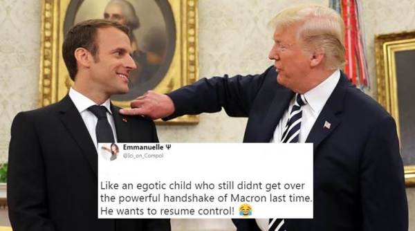 donald trump, emmanuel macron in US, trump brushes off dandruff, french president, us president, us welcome dinner, france, world news, indian express