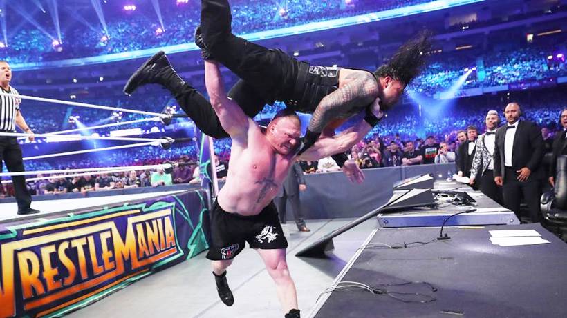 Brock Lesnar delivers F-5 to Roman Reigns