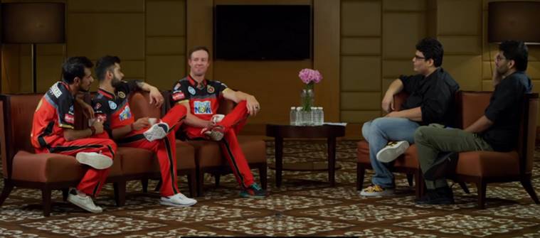 Gursimran Khamba and Tanmay Bhatt of AIB with Virat Kohli, AB de Villiers and Yuzvendra Chahal