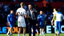 Swansea City manager Carlos Carvalhal with Andy King after the match as they are relegated from the Premier League