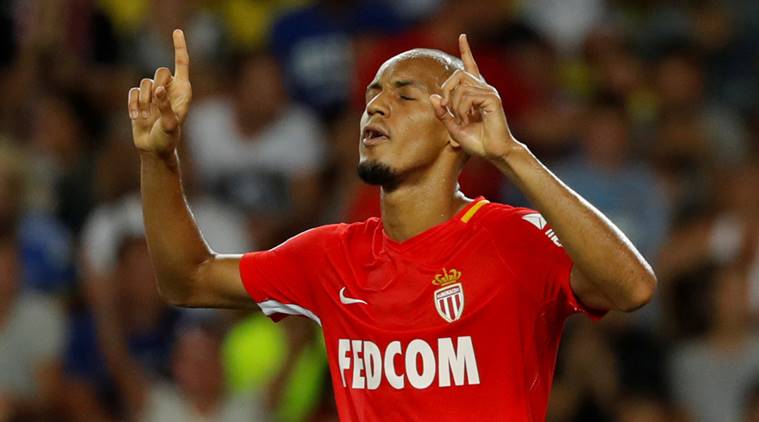 Monaco’s Fabinho celebrates scoring their sixth goal from the penalty spot
