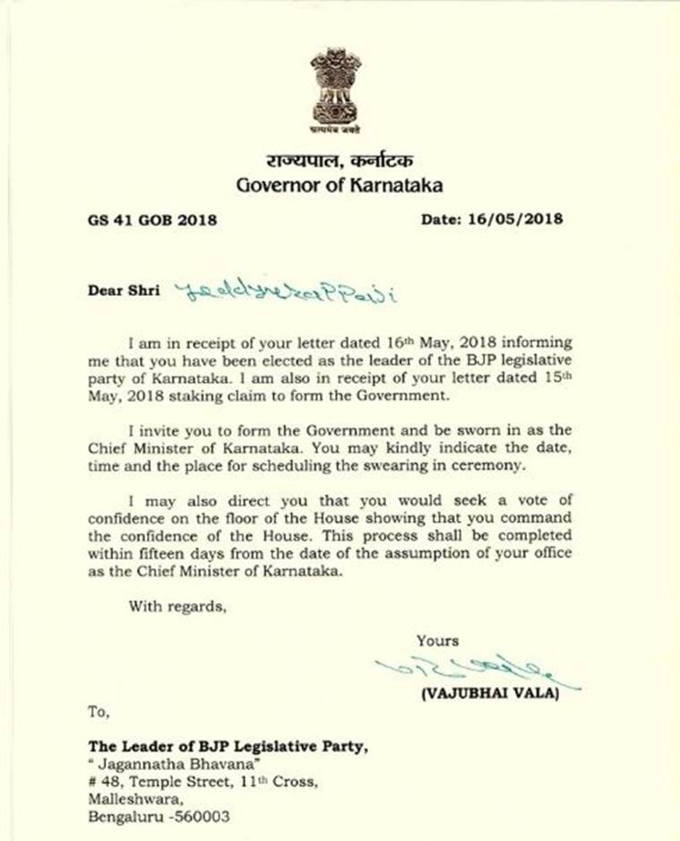 Karnataka Election: BJP Gets Governor Vajubhai Vala’s Invite & 15 Days ...