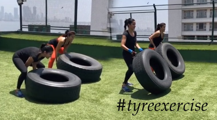 Katrina Kaif, Yasmin Karachiwala, tyre exercises, katrina kaif tyre exercise, Yasmin Karachiwala pilates, Yasmin Karchiwala Katrina Kaif fitness video, Katrina Kaif fitness, Katrina Kaif latest news, Katrina Kaif latest photos, celeb fitness, indian express, indian express news