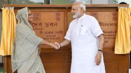Prime Minister Narendra Modi with his counterpart from Bangladesh Sheikh Hasina at Bangladesh Bhavan on Friday. (Twitter/@narendramodi)