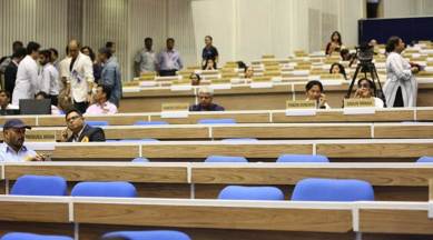 The nameplates of winners who skipped the national film awards ceremony were removed at Vigyan Bhavan on Thursday, their seats went empty. (Express Photo: Tashi Tobgyal)