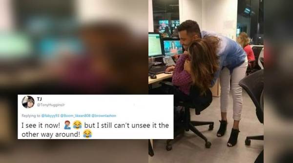 optical illusion, man sitting girl standing viral photo, optical illusion twitter, man standing girl sitting optical illusion, twitter reactions, indian express, indian express news