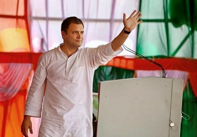 Congress president Rahul Gandhi waves during a public meeting at Bheemanna Khandre Institute of Technology Ground in Aurad on Thursday. (PTI)