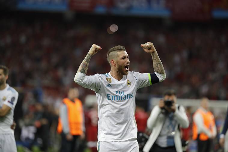 Real Madrid's Sergio Ramos celebrates after winning the Champions League Final soccer match between Real Madrid and Liverpool at the Olimpiyskiy Stadium in Kiev, Ukraine
