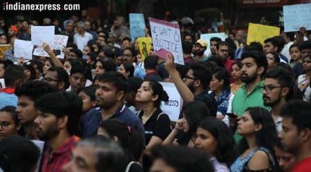Protestors at Parliament Street in New Delhi, demanding justice for Kathua and Unnao rape victims. (Express Photo by Abhinav Saha/File)