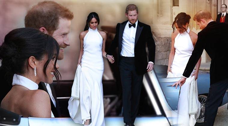 sachin and babi light blue dress Meghan Markle Halter White Satin Bridal Shower Dress main image 1