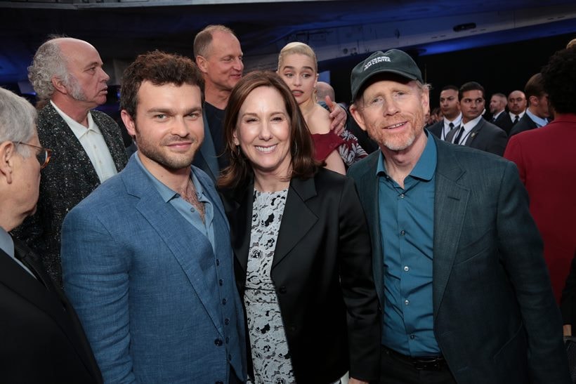 Alden Enrenreich, Kathleen Kennedy and Ron Howard at solo a star wars story premiere
