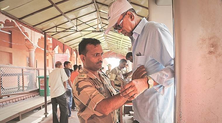 CISF: 275 | CISF members are responsible for frisking and checking bags at the East and the West gates. They also manage the crowd inside the Taj’s premises and at the main mausoleum. (Express photo/Abhinav Saha)