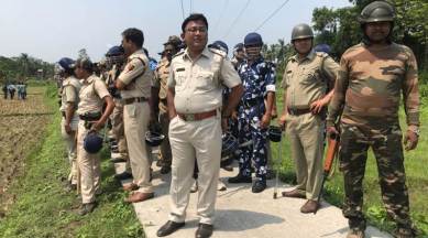 Police block the way to Ghazipur where booths have allegedly been captured. (Express photo by Shubham Dutta)