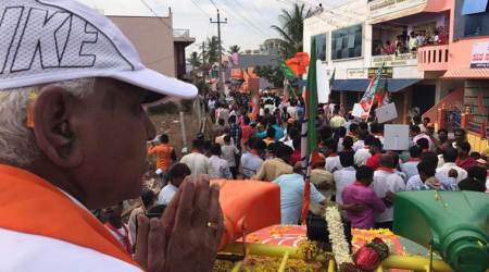 BJP’s chief ministerial candidate BSY Yeddyurappa during a roadshow in his constituency of Shikaripura, Karnataka, on Thursday. (Express photo/Aaron Pereira)