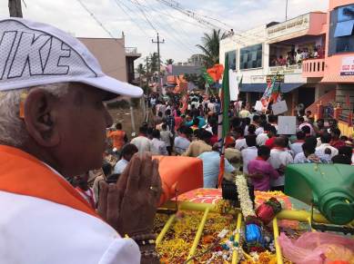 BJP’s chief ministerial candidate BSY Yeddyurappa during a roadshow in his constituency of Shikaripura, Karnataka, on Thursday. (Express photo/Aaron Pereira)