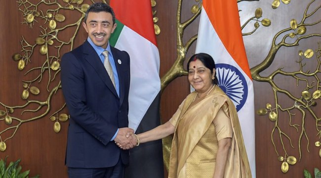 New Delhi: External Affairs Minister Sushma Swaraj shakes hand with UAE's Foreign Minister Sheikh Abdullah Bin Zayed Al Nahyan during their meeting, in New Delhi on Monday, June 25, 2018. (PTI Photo/Manvender Vashist) (PTI6_25_2018_000087B)