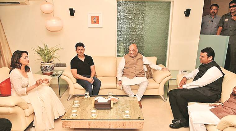 Madhuri Dixit, Amit Shah, BJP chief, Amit Shah meets Madhuri Dixit, General assembly elections 2019, Mumbai news, India news, indian express news