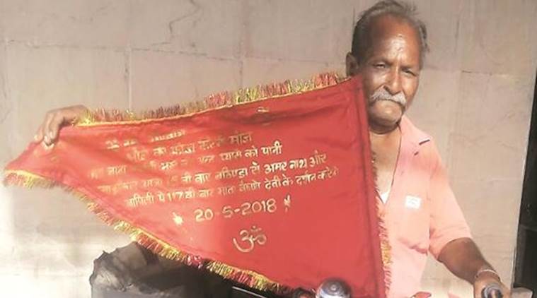 bathinda man on cycle, bathinda pilgrim on cycle, bathinda man cycle journey, rajinder gupta, pilgrim on bicyle, indian express, punjab news, panchkula, india news