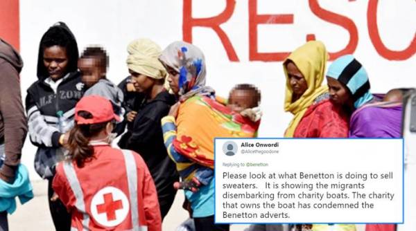 benetton, benetton racist tweet, benetton racist ad, benetton Migrant picture tweet, benetton uses Migrants picture for publicity, benetton Migrant picture, twitter reactions, indian express, indian express news