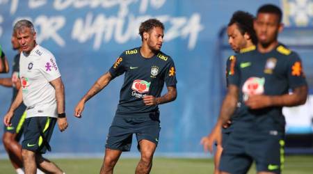 Brazil's Neymar and team mates during traning