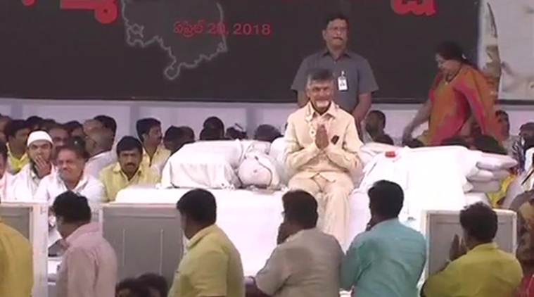 Andhra Pradesh Chief Minister and Telugu Desam Party (TDP) chief Chandrababu Naidu at the hunger strike. (ANI)