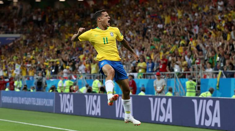 Brazil's Philippe Coutinho celebrates scoring their first goal