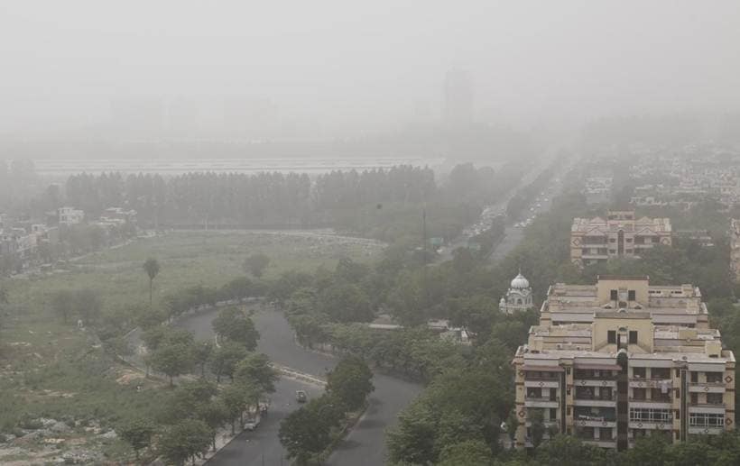 Dusty conditions, which are likely to continue through the weekend, have impacted visibility in Delhi-NCR. PM10 levels were at 796 at 8.30 this morning, reported news agency PTI. People are advised to remain indoors as the current situation is likely to cause discomfort or breathing difficulties. (Express photo/Jasbir Malhi)