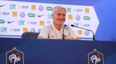 France headcoach Didier Deschamps smiles as he answers to journalists during a press conference at the 2018 soccer World Cup in Istra, Russia, Monday, June 11, 2018. (AP Photo/David Vincent)