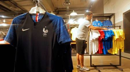 France team soccer jerseys are displayed in a Nike sporting goods store in Marseille, France, June 8, 2018. French soccer has won one world contest before its players even fly to Russia for this year's World Cup, with more blue jerseys sold across the globe than any other national strip, even more than the famous yellow shirt of Brazil.   REUTERS/Jean-Paul Pelissier